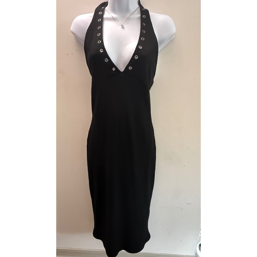 Derek Heart Black Ribbed Halter Midi Dress Grommet Eyelet V-Neck Bodycon Large